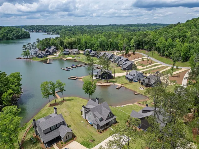 This aerial view showcases a picturesque waterfront community nestled among lush green trees.