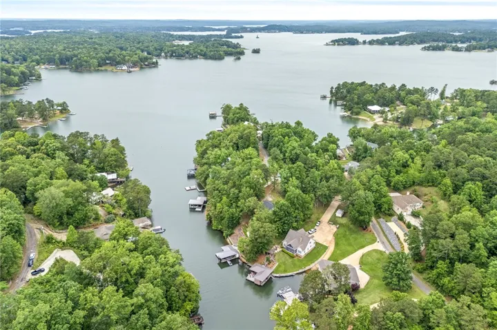 This aerial view showcases a vibrant waterfront community nestled among lush green trees.