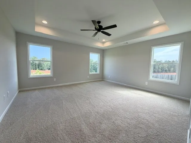 A spacious bedroom features multiple windows for abundant natural light and a tray ceiling with recessed lighting.