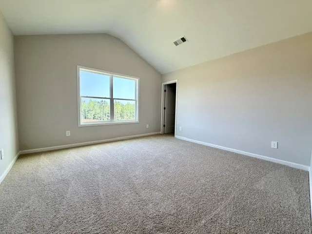 A quiet, carpeted bedroom with a vaulted ceiling and a tree-lined outdoor view.
