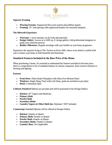 This document outlines superior framing, warranties, and standard home features for a well-crafted living experience.