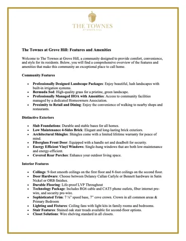 This document outlines features and amenities, detailing the distinctive exteriors and interior finishes available.