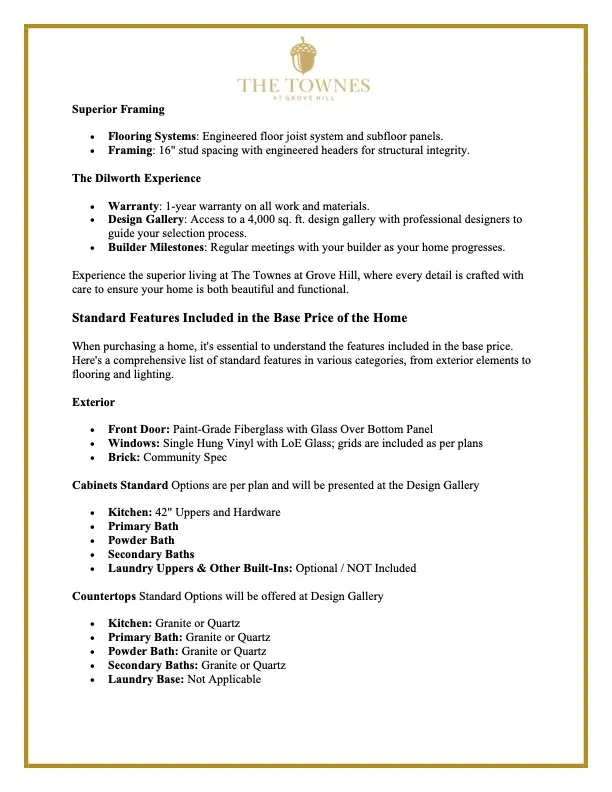 This document outlines superior framing, warranties, and standard home features for a well-crafted living experience.