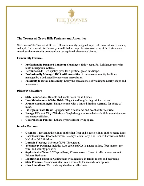 This document outlines features and amenities, detailing the distinctive exteriors and interior finishes available.