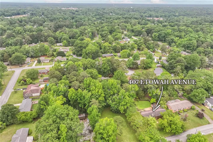 An aerial perspective reveals a private residence nestled amidst verdant mature trees and a sprawling, manicured lawn.