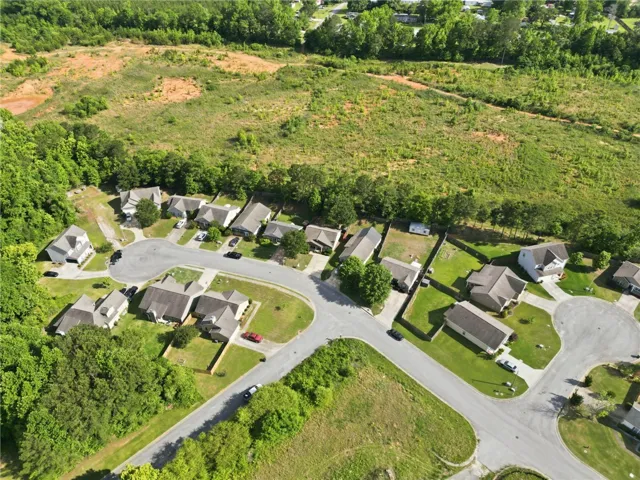 An aerial perspective reveals a tranquil residential community nestled beside verdant undeveloped land.