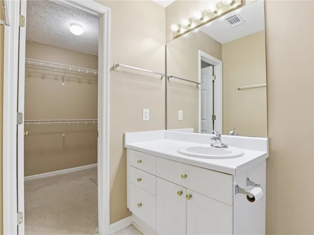This functional bathroom includes a vanity with a mirror and a convenient walk-in closet.