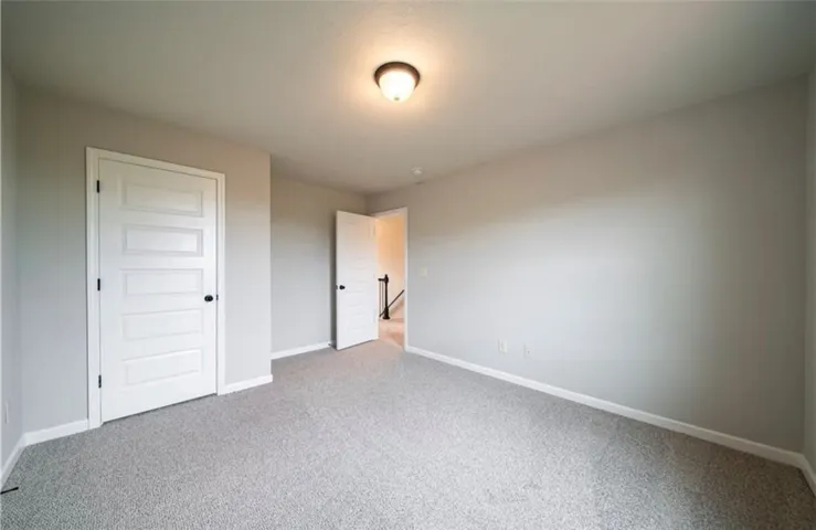 This spacious room offers comfort and versatility, featuring soft carpeting and a classic door.
