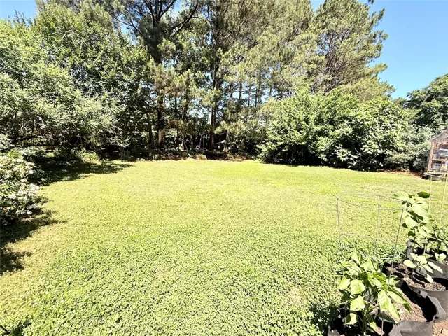This spacious yard offers a verdant lawn framed by mature trees and lush foliage.
