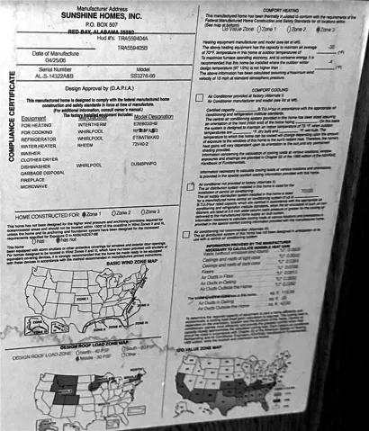 A comprehensive compliance certificate for a manufactured home details essential specifications and comfort system information.