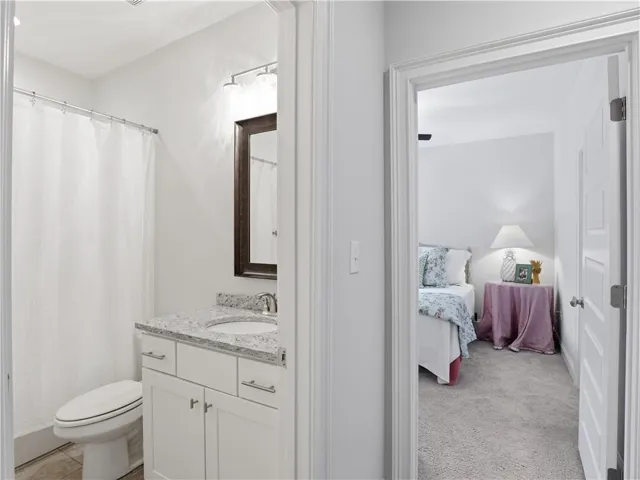 A well-appointed bathroom features a single vanity with stone counters, set across from a comfortable carpeted bedroom.