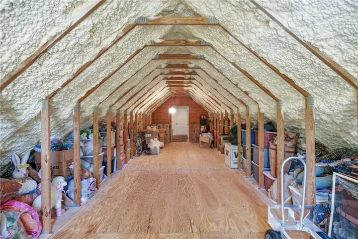Ample storage space awaits in this well-insulated attic, offering a functional area for organization.