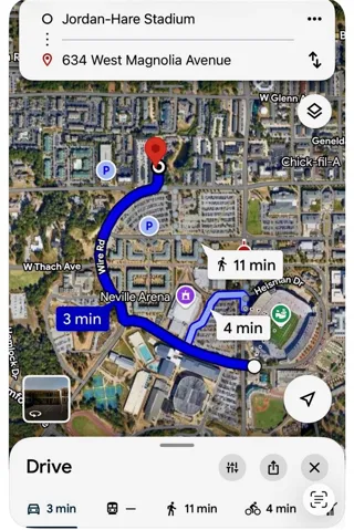 An aerial map highlights the proximity of a prime location to Jordan-Hare Stadium and Neville Arena.