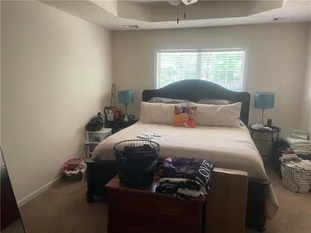 A well-lit bedroom with plush carpeting and a tray ceiling offers a peaceful retreat.