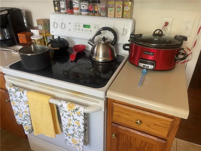 Modern kitchen with a reliable electric range and convenient counter space for meal preparation.