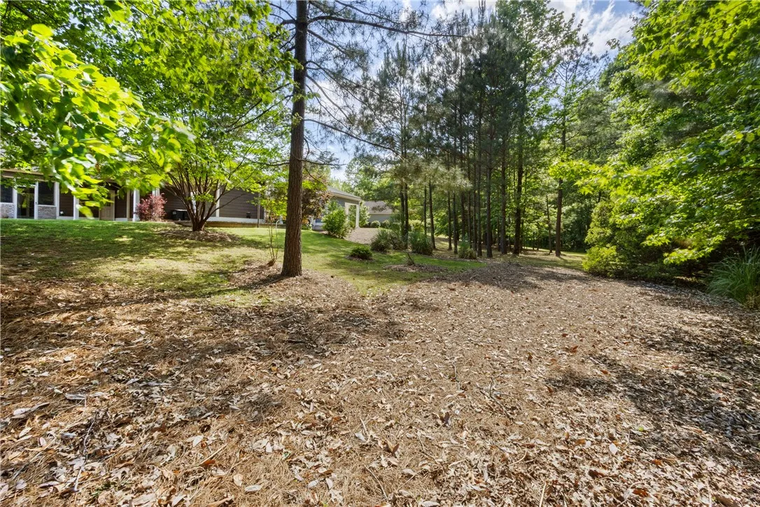 A spacious backyard provides a verdant retreat, bordered by mature trees and lush natural landscaping.