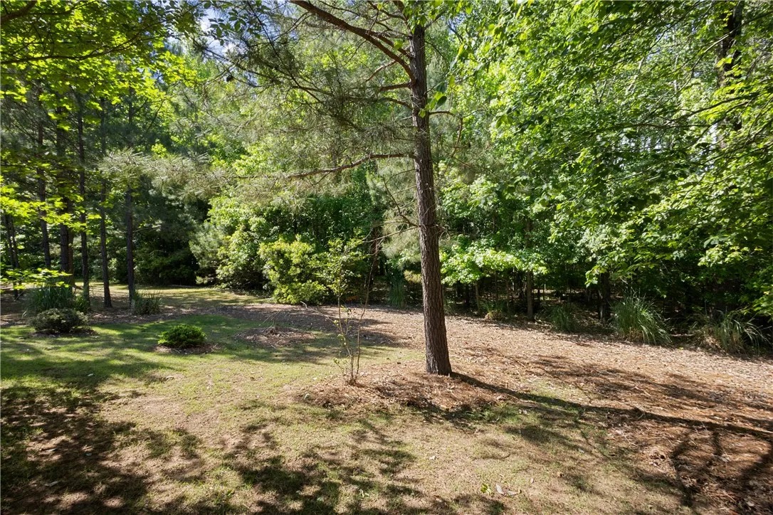 A tranquil, tree-lined yard provides a peaceful natural setting.
