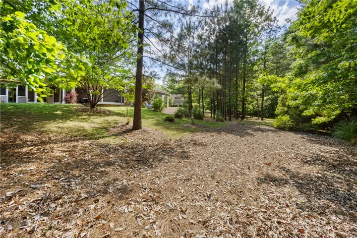 A spacious backyard provides a verdant retreat, bordered by mature trees and lush natural landscaping.