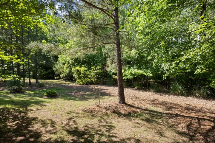 A tranquil, tree-lined yard provides a peaceful natural setting.