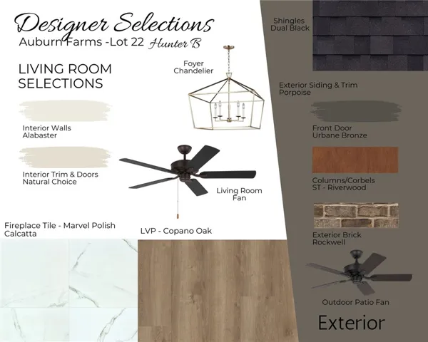 Auburn Farms Lot 22 Exterior/Living Room Selections - All plans, pricing and specifications are subject to change without notice.