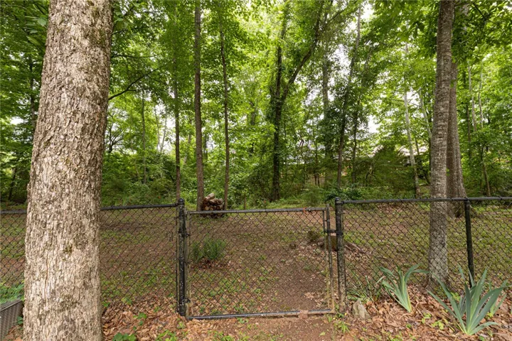 A robust chain link fence secures a generous yard, shaded by towering mature trees.