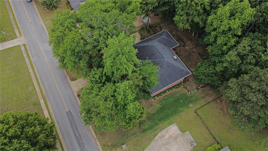 Aerial view showcasing a residential roofline surrounded by mature, verdant trees.