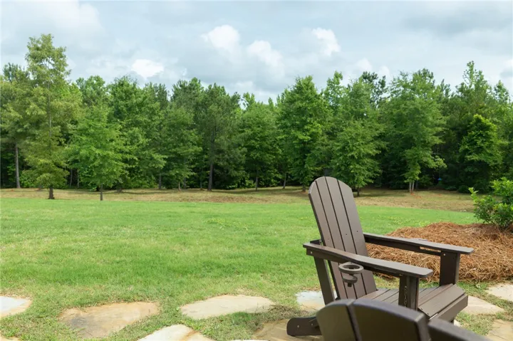 A verdant backyard retreat provides ample space for recreation and tranquil forest views.