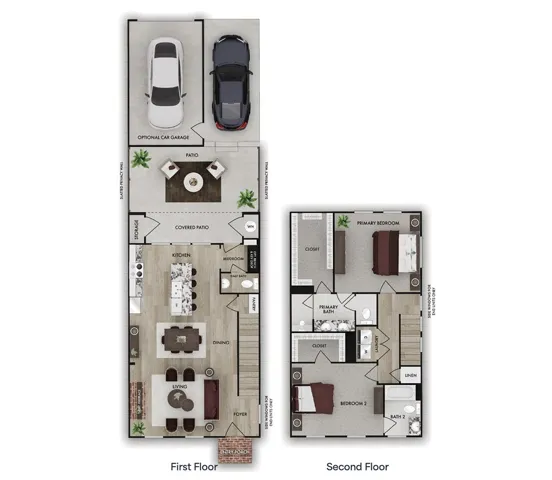 Explore the functional layout across two stories, including an optional car garage and covered patio space.