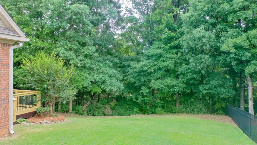 A verdant backdrop of mature trees frames a spacious green lawn and a charming rear deck, perfect for outdoor enjoyment.