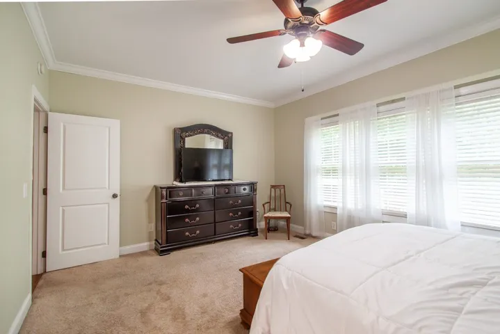 A well-lit bedroom features plush carpeting, crown molding, and a refreshing ceiling fan.