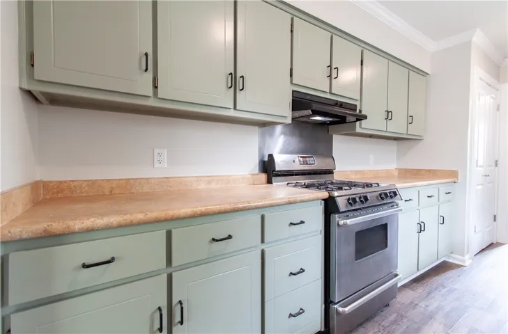 Functional kitchen with sleek stainless steel range and ample cabinet storage.