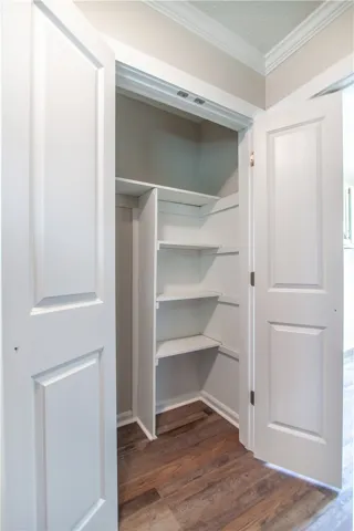Functional pantry featuring custom shelving for optimized storage.