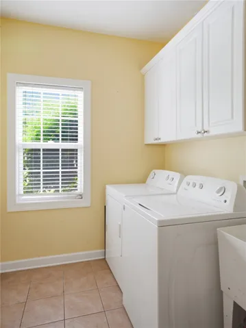 Functional laundry space with a window for natural light and convenient storage.