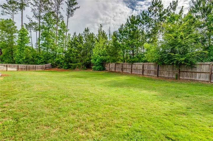 A spacious, verdant yard, fully fenced for privacy, bordered by mature trees under an open sky.