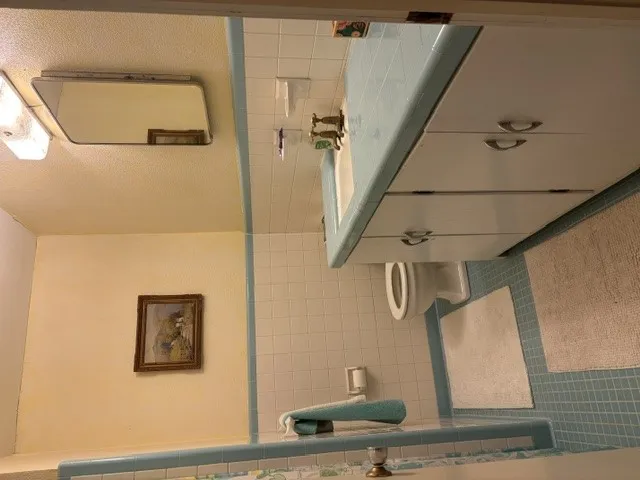 A well-maintained bathroom with a sleek vanity and retro-inspired tile accents.