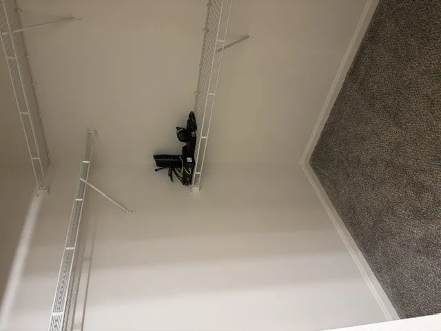 Large primary closet with functional wire shelving and a soft carpeted floor create a versatile storage area.