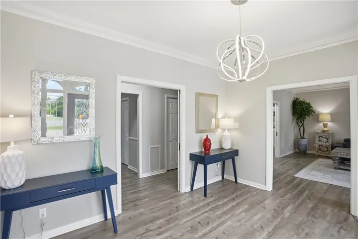 An inviting entry showcases pristine wood-look flooring and a modern overhead light fixture.