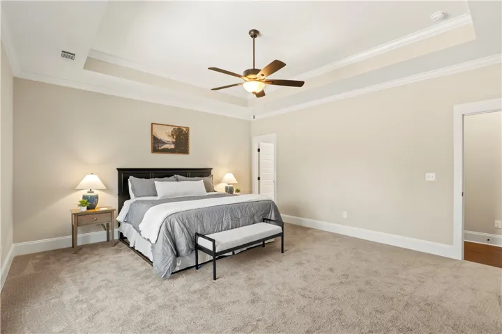 A well-lit primary bedroom features a tray ceiling and soft carpeted floors, ready for personal touches.