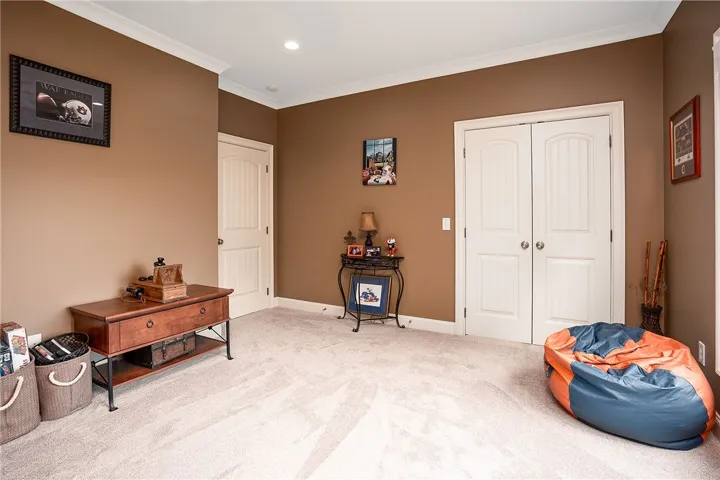 A well-lit room offers cozy carpet flooring and convenient closet space, perfect for storage.