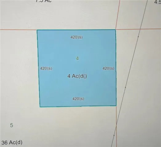 A detailed plat map illustrating property boundaries and dimensions for a 4-acre lot.