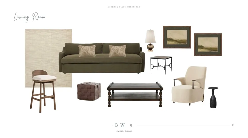 Discover a cohesive design concept for a living room, blending comfortable furnishings and inviting accents.