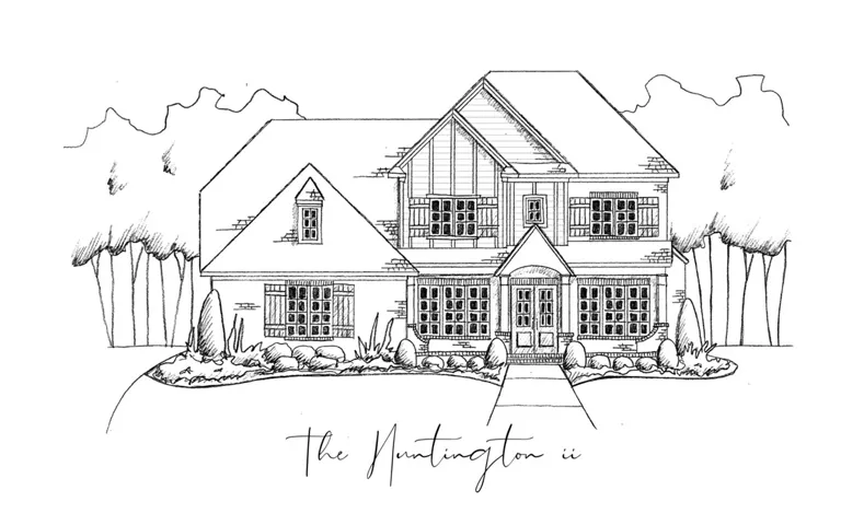 Architectural rendering of a stately residence with mature trees and a manicured landscape.