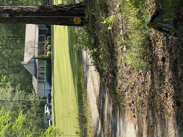 A long, tree-lined driveway leads to a classic residence set amidst a spacious green yard.