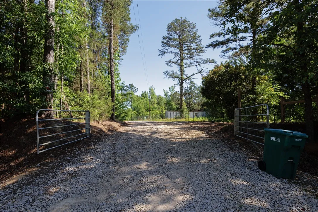 A private gravel drive through mature trees, leading to a secluded area.
