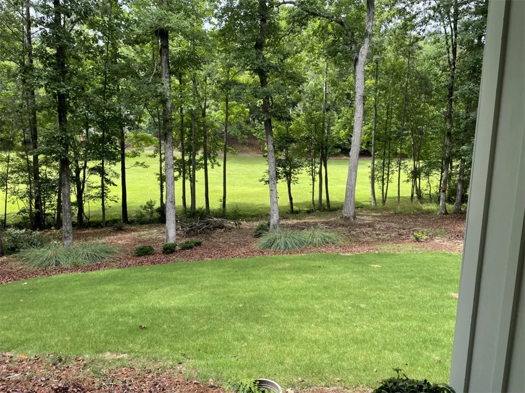 A verdant, tree-lined yard unfolds, offering a peaceful natural setting.