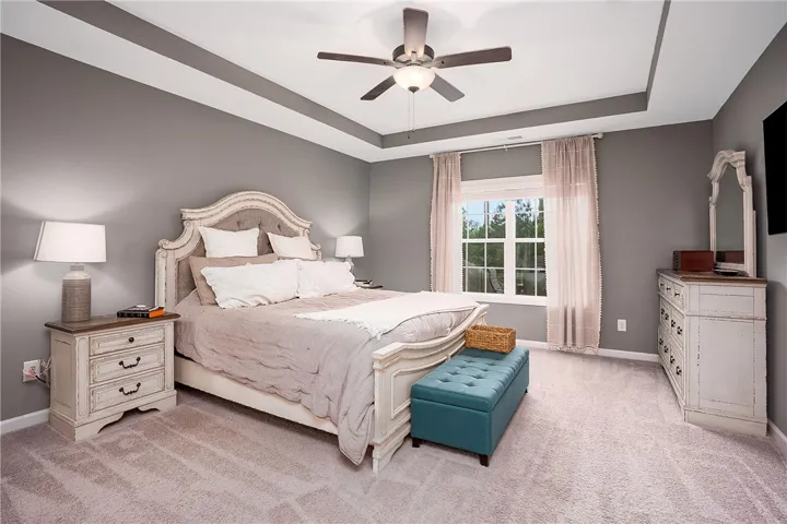 Recessed ceiling details and ample natural light define this inviting primary bedroom.