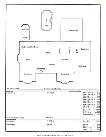 A comprehensive floor plan detailing the property's layout, complete with living areas, garage, and pool.