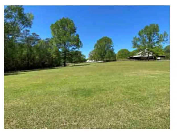 A sprawling green lawn extends towards a distant structure and abundant trees under a clear sky.
