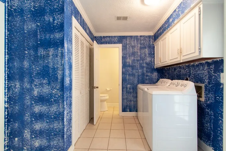 Loafs of cabinets and storage in laundry room. Washer & dryer remain.