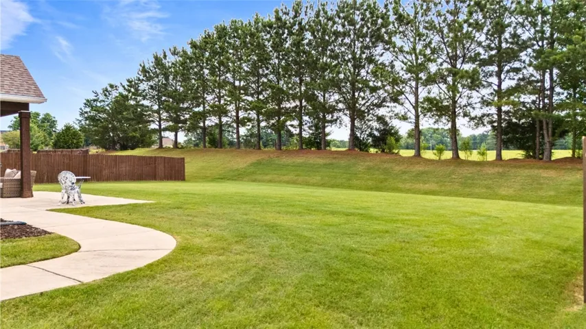 A spacious backyard with mature trees providing a natural screen, perfect for outdoor activities.